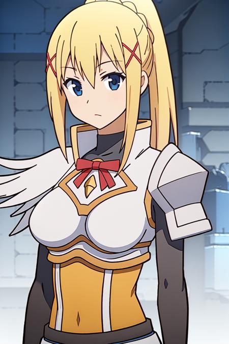 <lora:DarknessV2:0.7>
darkness (konosuba),best quality,masterpiece,upper body,
1girl,solo,long hair,breasts,looking at viewer,blonde hair,hair ornament,gloves,ribbon,ponytail,black gloves,armor,x hair ornament,shoulder armor,pauldrons,looking at viewer,white background