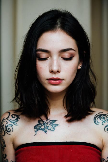 (masterpiece, best quality:1.1), photograph, Porta 160 color, shot on ARRI ALEXA 65, bokeh, depth of field, shot by Don McCullin, (blemishes, skin pores, textured skin:1.1), sharp focus, vibrant colors, PA7_Photo, PA7_Human-Likeness, volumetric lighting, <lora:detail_slider_v4:1>, <lora:FujiVelvia50:0.5>, <lora:GoodHands-beta2:0.8>,
solo, 1 girl, adult czech woman, sexy, closed eyes , black hair,  extremely long straightened hair, <lora:HairOverOneEye_LOCO_s:2.0>, hair over one eye, depressed, front view, (arms crossed:1.1), <lora:beltbra_v0.1:1>,  beltbra, tight,  torn, strapless,   midriff,  shorts, thighhighs, skindentation, (pale skin:1.0), (shiny skin:1.1), punk theme,  rebel,   dark goth makeup, smokey eye makeup, (long eyelashes, eyeliner:1.05), (edgy tattoos:1.2), dark atmosphere, laboratory background, filtered light ,