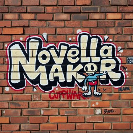 very beautiful graffiti in the style of the 90s with very high quality execution is located on a brick wall, the graffiti depicts the word "Novella Maker" and a bad character from the game "Cuphead"