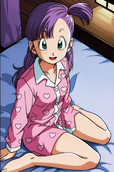 <lora:bulmaptp:0.7>, bulma, 1girl, solo, long hair, breasts, looking at viewer, smile, open mouth, night, long sleeves, bedroom, sitting on bed, green eyes, full body, purple hair, heart, barefoot, one side up, pink shirt, pajamas, yokozuwari, heart print, pink pajamas, clothes writing, from above,