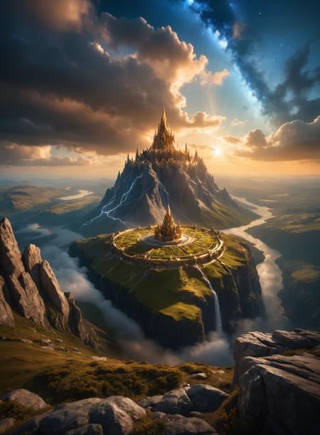 beautiful and epic artwork of asgard , epic fantasy sky, high quality photography, 3 point lighting, flash with softbox, 4k, Canon EOS R3, hdr, smooth, sharp focus, high resolution, award winning photo, 80mm, f2.8, bokeh