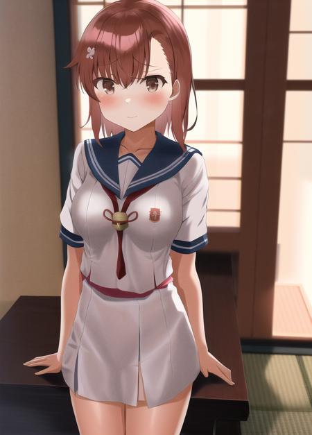 misaka mikoto,1girl, solo, sailor shirt, japanese clothes, best quality, tsundere, medium breasts, ray tracing, cinematic lighting, chiaroscuro, depth of field, caustics, absurdres,