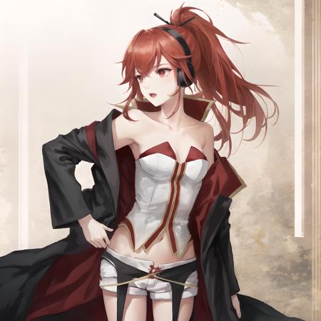 vocaloidcul, red hair, ponytail, garter straps, shorts, coat alternativecul, red hair, ponytail, black dress, red skirt, striped thighhighs