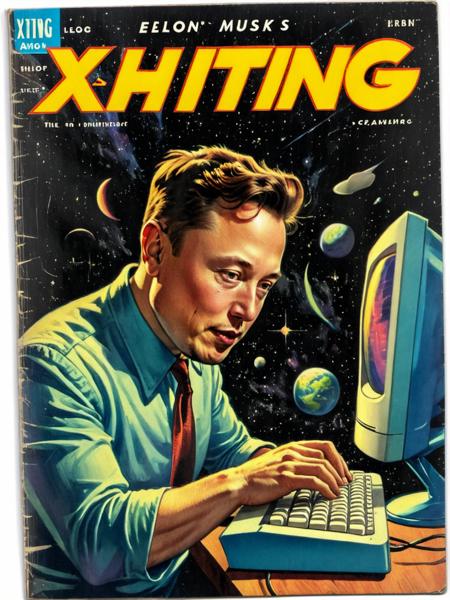 <lora:Wiz-VintageComicBookCover_v01:1.2>,  (Vintage comic book cover of Elon Musk typing in a computer),  (title says "Xhiting " text logo:1.4) <lora:Harrlogos_v2.0:1>
