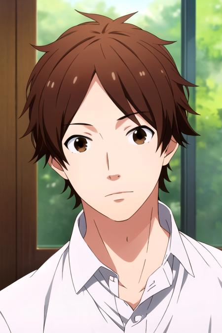 masterpiece, best quality, illustration, 1boy, solo, male focus, looking at viewer, upper body, depth of field, anime coloring, realistic, <lora:keiichi_katakura:0.72>, keiichi_katakura, brown hair, brown eyes