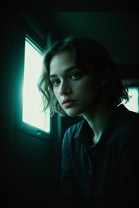 QuinnMora, portrait, photography by (Jeanloup Sieff:1.3), ((sitting inside movie theater, film screen glow reflected on face, dress)), facing bright screen, looking forward, looking at viewer, modelshoot, pose, (closeup on upper body:1.3), (night, dark, dark photo, grainy, dimly lit), editorial photograph, film grain, depth of field, analog film style, vivid color, ((chiaroscuro, emotional impact, vivid, strong contrasts, stylized lighting, movie screenshot, colored gels, gritty, movie still)), ultrarealistic, noise