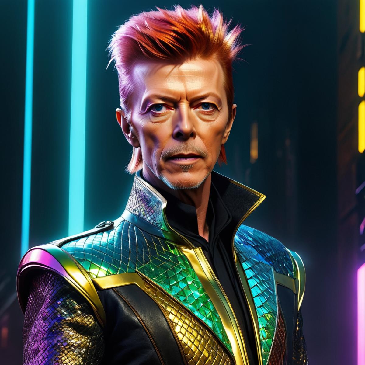 A digital artwork of David Bowie wearing a green and gold suit.