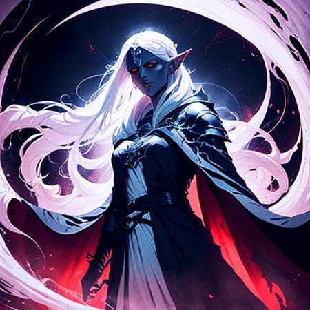 `(1 female, adult, dark elf), white, long hair tied back, crimson eyes, dressed in ceremonial robes, in the middle of an arcane ritual, surrounded by swirling shadows, eldritch symbols glowing in the air around him, realistic, fantasy setting, high resolution, detailed, color <lora:DarkElf_V3:1>`