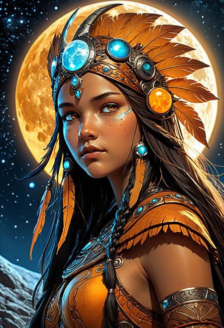 Fantasy comic, intense sci-fi details. Highly detailed character design. Fae teenage girl with a headdress and a moon in the background. Glowing amber. Detailed. (realistic, accurate in details, masterpiece, high brilliance in presentation, best possible image reproduction quality, best possible color depth, detailed depiction quality, excellent native resolution)