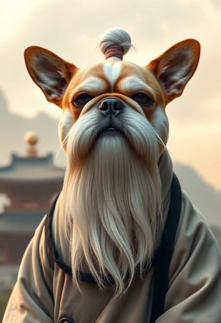 A photorealistic portrait of a cute dog with a flat, squashed face, styled like a martial arts master. The dog has a long flowing white beard extending far below its chin, large bushy white eyebrows, and long sideways white whiskers. On top of its head is a traditional topknot bun, resembling Pai Mei from Kill Bill. The dog is wearing traditional East Asian monk robes in neutral tones, with a black sash. It stares directly into the camera with a calm, superior expression. The background is a misty mountain temple scene with warm natural lighting. Vertical 9:16 aspect ratio.