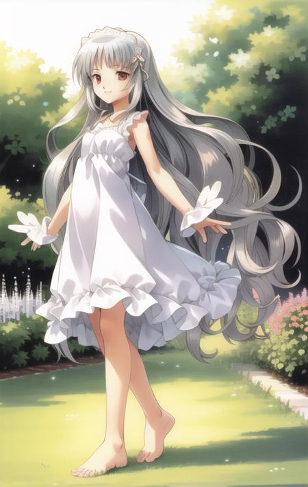 IMJeanne, 1girl, silver hair, red eyes, long hair, bangs, light smile, garden, colorful garden, white dress, simple dress, barefoot, sleeveless, (angel wings), <lora:IMJeanneV1:0.7>