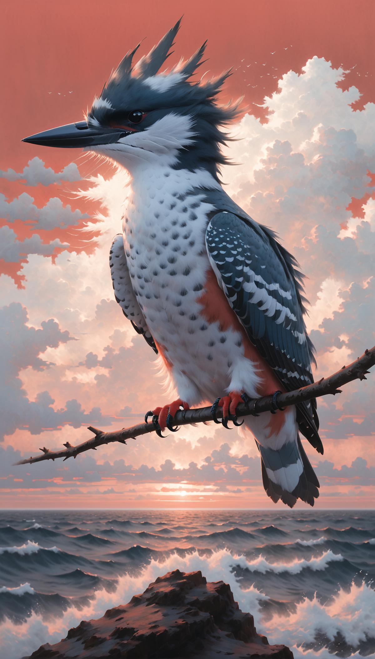 A Bird With Pink, Blue, White, and Black Feathers Perched on a Branch with the Sunset in the Background.