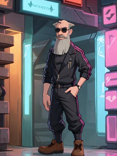 tihon, solo, looking at viewer, 1boy, standing, full body, grey hair, male focus,  facial hair, brown footwear,  beard, mustache, old man <lora:tihon-10 (1):0.6>
black sunglasses, gangstar, rich, high, synthwave, stunning, curvy, smouldering eyes, red pouty lips, , (unreal engine:1.1), nightcity, neon, (Cyberpunk), futuristic, neon, urban, dystopian, (revealing clothing)