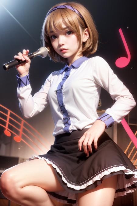 tsukumo yatsuhashi 1girl,brown hair, short hair,brown eyes,hairband,long sleeves, shirt,skirt,  instrument, musical note, eighth note,