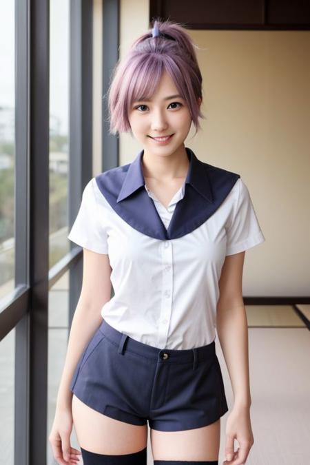 highly detailed photography, from the front, vibrant, insanely detailed, hyperdetailed, 1girl, (18 years old Japanese girl), 18yo, short_hair,blue_eyes,ponytail,white shirt,black_thighhighs,purple_sailor_collar,school_uniform,black_gloves,serafuku,blue_scrunchie,black_thighhighs,smile,looking_at_viewer,pink_hair,yellow_neckerchief,purple_shorts,loafers,<lora:Aoba(kan)>,