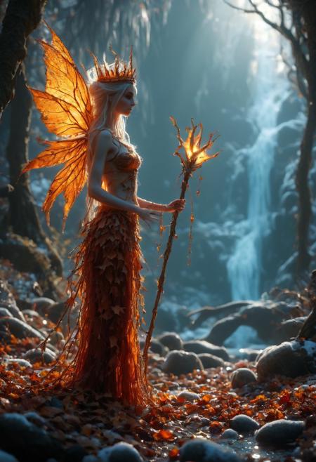 low angle, close up, hyperrealistic amazing vertical perspective, close up shot of an hkmagic scenery : The queen of the Fairies standing on the lake shore,  androids shapes standing on raised stones, body made of : mossy, glistening bark, cracked bark,  autumn leaves, vines, yellow pollen, roots, branches, red leaves, ocre leaves, orange leaves, dark red leaves, orange eyes, pale blue skin, glowing blue eyes, depth of field beautiful body, anatomicaly perfect, human shaped body, fantasy glowing fairies, holding spears and bows, entangled hair, icy forest, macro shot, ice stalactites and snow, stones, cristals, waterfalls, chiaroscuro, god rays, magical staff, gemstone, necklace, silver crown, large fairies wings chiaroscuro, golden hour, snowy misty fantasy forest in the background, contrast of the dead and the living, backlit, glow hyper realistic, natural soft rim light, cinematic lighting, (sharp focus, high quality, masterpiece, highres, best quality:1.5)<lora:xl_more_art-full_v1:0.5>,<lora:add-detail-xl>,<lora:MJ52:0.5>r, ethereal landscapes, dynamic light, depth of field, biotech emotion: PEAnimeBG, Background, phtorealistic scenery, shot at golden hour, Magical Autumn