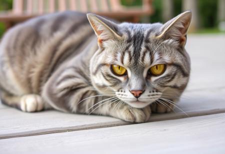 a close-up photograph of a Scottish Fold cat lying on a wooden surface, the cat is a medium-sized breed with a soft, silky coat of grey fur, characterized by vertical, horizontal stripes of varying shades of grey, its eyes are bright yellow, with a serious, focused expression, and its nose is slightly upturned, giving it a sultry appearance, its ears are small and pointed, and it has a small, pinkish-brown patch on its forehead, the background is blurred, but it appears to be an outdoor setting with greenery and a hint of a wooden structure, possibly a bench or a table, in the distance, the wooden surface is weathered and has a light gray color, with visible grain patterns, the overall mood of calm and serene, with the cat positioned slightly off-center, making it the focal point of the image, the lighting is soft and natural, enhancing the texture of the wood and the cat's fur, a close-up portrait of a cat, captured in a relaxed pose on a wooden deck. The cat's fur is a mix of gray and white stripes, with its eyes being a striking shade of amber. The background is blurred, emphasizing the cat as the main subject, and the deck appears to be made of dark wooden planks. The overall style of the image is candid and natural, capturing the essence of the cat in its environment, credit to lo_fi, happy kitty