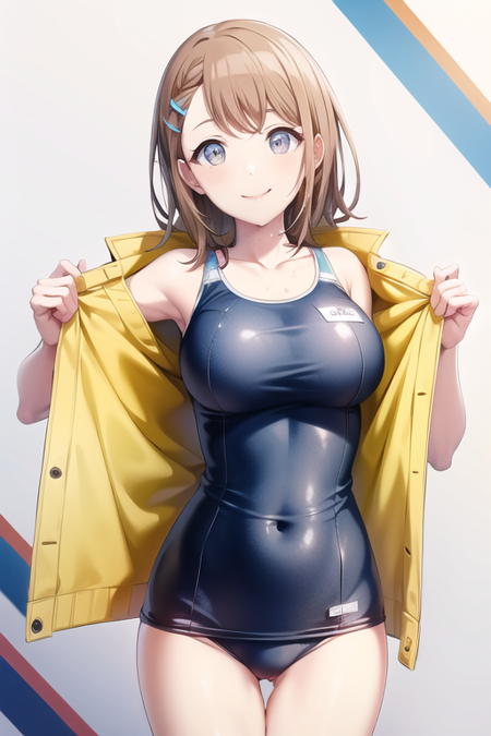 <lora:HanasatoMinori-10:0.7> , best quality,best aesthetic, high quality, absurdres, masterpiece, ultra-detailed, minori, 1girl , blue one-piece swimsuit , breasts , brown hair , clenched hands , closed mouth , collarbone , covered navel , gluteal fold , grey eyes , hair ornament , hairclip , heart , jacket , jacket on shoulders , large breasts , looking at viewer , one-piece swimsuit , open clothes , open jacket , school swimsuit , short hair , simple background , smile , solo , striped , striped jacket , swimsuit , thigh gap , wet , wet clothes , wet swimsuit , white background