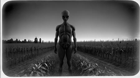 grainy security camera footage of of ETGrey alien strange looking standing in a corn field, tall stalks, ominous, ominous, eerie, DAGUERREOTYPE, black and white photo, haunted, ((occult)), (black mass), Gothic, horror, <lora:ETGrey-LoRA:0.6>