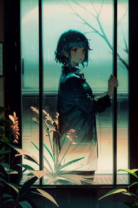 kukkastyle, scenery, in front of glass window, large window, Bouvardia \(flower\), blooming flowers, plants, trees, no light, mystic, mature female, aqua hair, short bangs, brown raincoat <lora:kukka_style_v01:1>