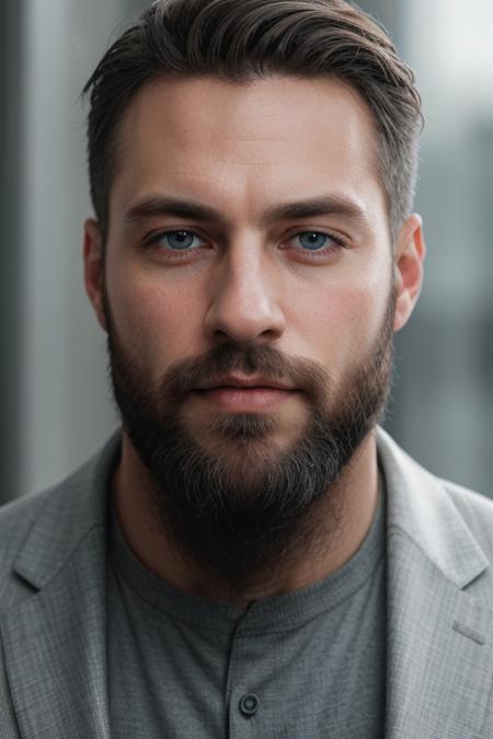 <lora:polyhedron_new_skin_v1.1:0.2> <lora:detailed_eye:0.1> RAW photo, portrait of a beautiful man with a beard in a grey suite, full sharp, detailed face, blue eyes, (high detailed skin:1.2), 8k uhd, dslr, soft lighting, high quality, film grain, Fujifilm XT3