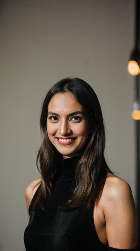 ohwx nia, <lora:ohwx_niar_v1:0.8>, long brunette hair, tall and slim body, fashion photo at a dark runway taken on fujifilm xt3 pro, wearing a black leather turtleneck, bare shoulders, wide smile, exceptional detail, looking  straight at camera,, pitch black background with thousands lights