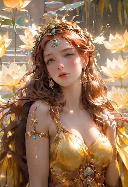 Greek goddess outside in Sun shine, red gold (best quality, masterpiece, colorful, dynamic angle, highest detailed) upper body photo, fashion photography of cute, intense long red hair, \greek goddess\ in intricate toga dress (ultrahigh resolution textures), in dynamic pose, bokeh, glowing, inner strength, (glowing eyes:1.05),  rich silks, gold trim, royal outfit, intricate jewelry, garden surrounded by flowers, standing in sun bioluminescent milky waters, gold bubbles, John William Godward + loish +gaston bussiere +craig mullins, j. c. leyendecker +Artger, bright pops of coloured silks, natural surroundings in background, sacred ritual, ethereal atmosphere, (intricate details, hyperdetailed:1.15), detailed, moonlight passing through hair, perfect night, colorful poster art flat background, (official art, extreme detailed, highest detailed), HDR