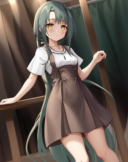 <lora:Yokote_Matsuri-10:0.8>,1girl, solo,shirt,dark green hair,dress, very long hair, yellow eyes, white shirt, short sleeves, necklace, pinafore dress,grey socks,