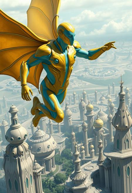 a golden yellow and teal  high tech bodysuit , it is form fittinn with an open face design. the man has pale blue skin and is muscular and has an athletic  form , the hero is flying above a futuristic alien city that is ver idyllic and made of numerous organic shaped buildings ,