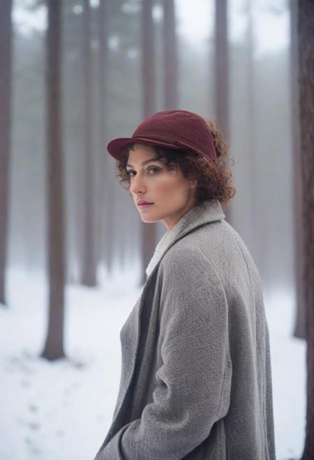 full body portrait, closeup, looking over shoulder, visible breath, 30 year old woman, brunette, short curly ponytail, (cheek and nose redness) ,natural skin, blemishes, looking away, full lips, brown eyes,, forest, mist, winter, snowing, freezing (cinematic, film grain:1.1, bokeh), gray coat, white shirt, wool hat, sunset,