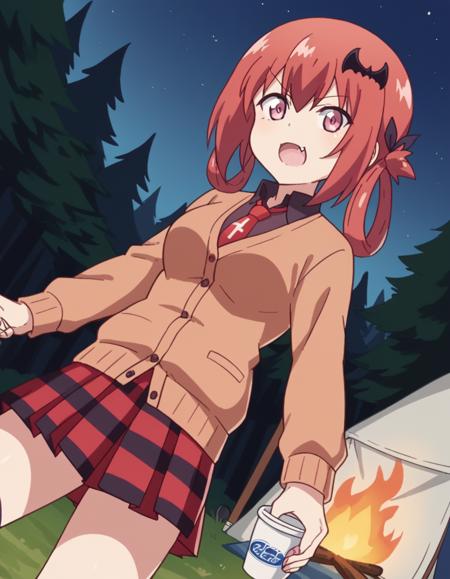 <lora:satanichia-kurumizawa-mcdowell-s1-ponyxl-lora-nochekaiser:1>, satanichia kurumizawa mcdowell, hair ornament, red hair, hair rings, bat hair ornament, pink eyes, skin fang, large breasts, skirt, shirt, school uniform, pleated skirt, necktie, shoes, socks, collared shirt, plaid, kneehighs, black shirt, plaid skirt, cardigan, black socks, inverted cross, brown cardigan,