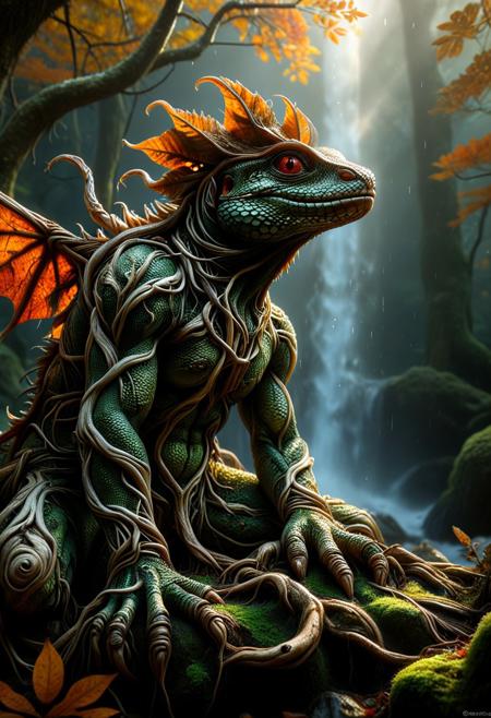 low angle, close up, hyperrealistic amazing vertical perspective, close up shot of an hkmagic green giant lizard climbing on a mossy branch. Fairies androids shapes standing on raised stones, body made of : mossy, glistening bark, cracked bark,  autumn leaves, vines, yellow pollen, roots, branches, red leaves, ocre leaves, orange leaves, dark red leaves, orange eyes, depth of field beautiful body, anatomicaly perfect, human shaped body, fantasy glowing fairies, holding spears and bows, entangled hair, misty forest, macro shot, rain drops, stones, cristals, waterfalls, chiaroscuro, god rays, magiccal stafrf, gemstone, necklace, silver crown, large fairies wings chiaroscuro, golden hour Lushy misty fantasy forest in the background, contrast of the dead and the living, backlit, glow hyper realistic, natural soft rim light, cinematic lighting, (sharp focus,absurdres,high quality,masterpiece,highres,best quality:1.5)<lora:xl_more_art-full_v1:0.5>,<lora:add-detail-xl>,<lora:MJ52:0.5>r, ethereal landscapes, dynamic light, depth of field, biotech emotion: PEAnimeBG, Background, phtorealistic scenery, shot at golden hour, Magical Autumn