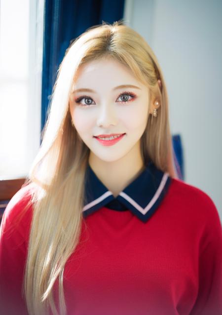 1girl, (masterpiece, best quality:1.2), adult woman, Best portrait photography, <lora:Jinsoul-10:1>, full body, bedroom, <lora:FilmVelvia3:0.5>, facing viewer,  (perfect eyes:1.3), perfect proportions, Jinsoul, octane render, blonde hair, school uniform, white skirt, red sweater, fcHeatPortrait, smile,