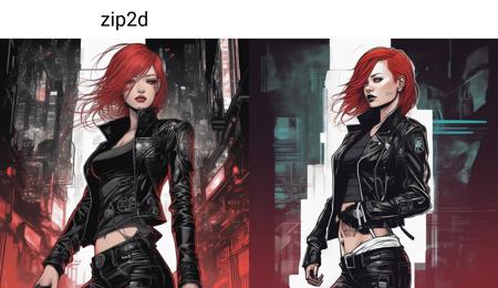 zip2d, drawing, illustration of beautiful woman wearing black leather jacket and white midriff, cyberpunk, red hair