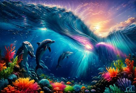 zavy-ndrwtr, summer, ink painting, acrylic, cute dolphins, wave, sunrise, by Craola, Dan Mumford, Andy Kehoe, 2d, flat, cute, adorable, vintage, art, fairytale, storybook detailed illustration, cinematic, ultra highly detailed, tiny details, beautiful details, mystical, luminism, vibrant colors, complex background, stunning, energy, molecular, textures, iridescent and luminescent scales, breathtaking beauty, pure perfection, divine presence, unforgettable, impressive, breathtaking beauty, Volumetric light, auras, rays, vivid colors reflects, magnificent, celestial, ethereal, epic, magical, dreamy, chiaroscuro, atmospheric lighting, split frame, underwater, crashing wave, water edge, ral-undrwtscn, colorful gradient