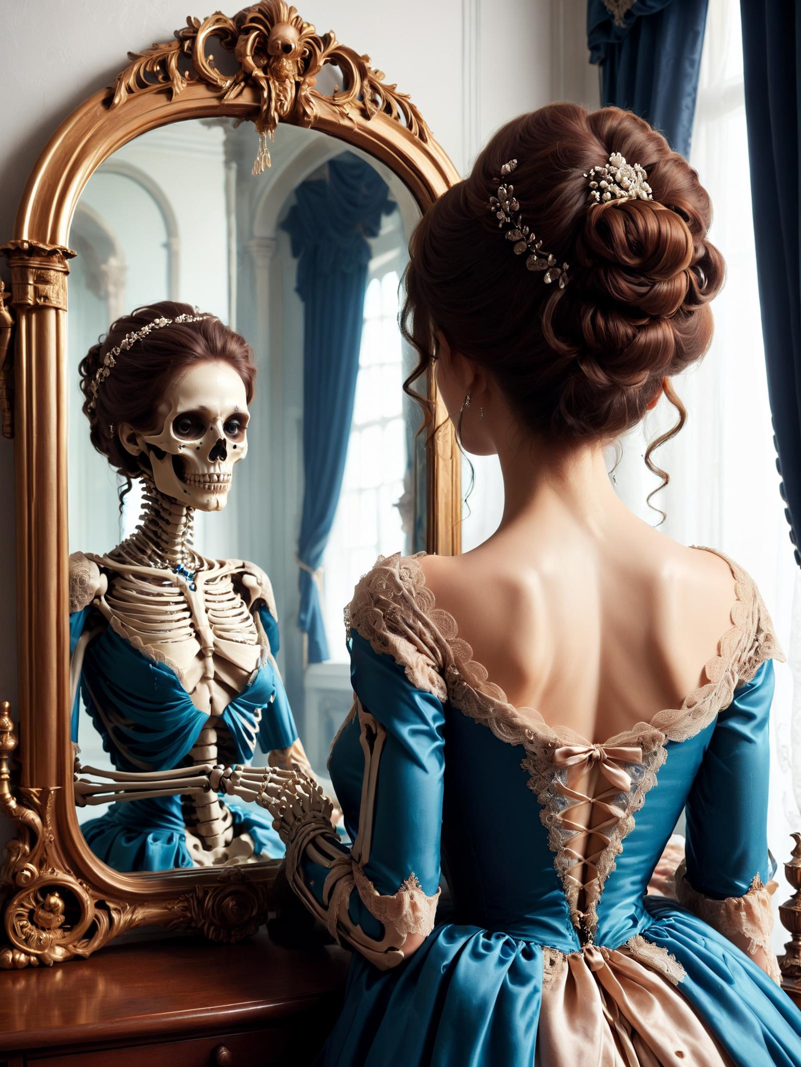 A woman looking at her reflection in a mirror, with a skeleton behind her.