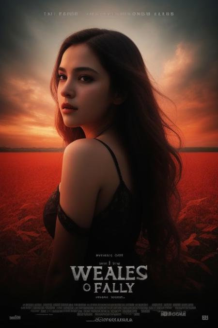 movieposter, Embrace the surreal aesthetic with hyperkraximalism as vibrant hues dance around her figure, evoking the fluidity of water and the gentle sway of leaves. In this medium portrait shot, a soft rim light gently illuminates her silhouette against a backdrop of shadow, casting an enigmatic aura. Surreal and captivating, this artwork invites viewers to explore the boundary between reality and the uncanny, where clouds merge with dreams and colors paint a film grain, closeup, medium shoot, mesmerizing  scene., cinematic impresionist, masterpiece layout design, cinematic cloud of red smoke font design, movie poster design , 100 shade of Darkness