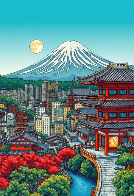 japanese city beautiful  landscape, noon, woman, very intricate, very detailed, sharp, bright, colorful,  mt fuji, tokyo