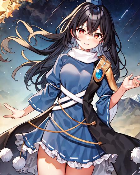 Iizunamaru Megumu, blue tokin hat, white circle scarf, blue dress, golden pauldron, black cape, pom pom (clothes), night sky, mountain, starry stars, stars(sky)
<lora:Iizunamaru_Megumu:0.8>