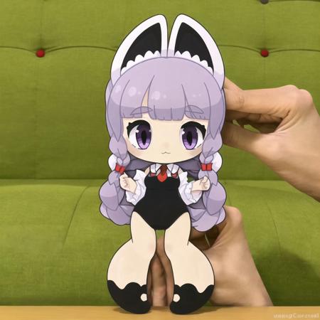 <lora:wasu:1>, pepako, person holding a paper cut doll, 1girl, animal ears, bangs, blue leotard, braid, breasts, cleavage cutout, clothing cutout, collar, eyebrows visible through hair, fake animal ears, fake tail, highleg, highleg leotard, highres, large breasts, leotard, long hair, necktie, pantyhose, playboy bunny, red neckwear, simple background, sleeve cuffs, solo, swept bangs, tail, violet eyes, white background, white hair