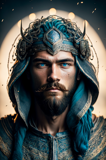 (masterpiece, best quality, ultra-detailed, highres, best illustration),1boy, male focus, solo, facial hair, beard,  blue hair, blue eyes , long hair, closed mouth, mustache,side lighting, lustrous skin,(shine),  (shiny skin, cetlic elements, norse heritage), ray tracing,  shirt, wind swept hair, detailed hair, detailed face, ,depth_of_field,very detailed background,extreme light and shadow,(detailed eyes) , perfect anatomy, (zentangle, mandala, tangle, entangle), dynamic angle, wide shot, upper body, city scape, extreme light and shadow, night sky