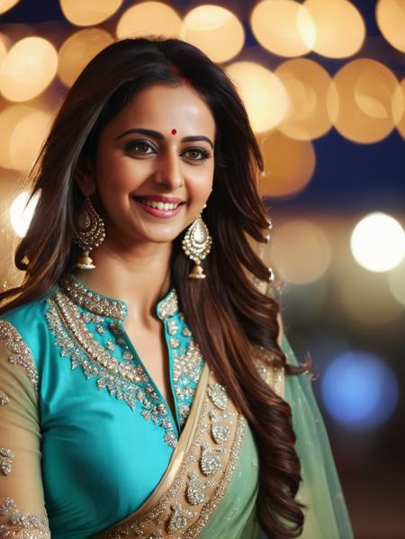 Highres close up portrait photo of a woman, balanced colors, rakul preet singh, long straight hair, wearing (salwar_kameez_chunni:1.2), night time,  ornate Indian jewelry, smiling, cinematic lighting,  background of city lights in beautiful bokeh <lora:Rakul_Preet _Singh_SDXL_LoRA:0.8>