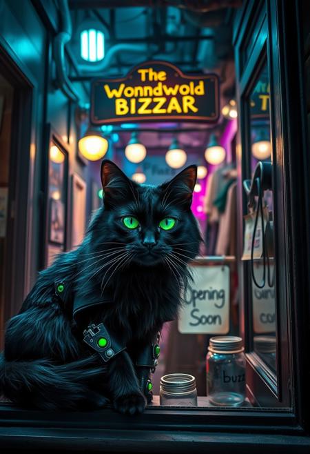 Highly detailed, 4k, A mystical long haired black cat with glowing neon green eyes with and ethereal glow that has cybernetic prosthetic limbs . Located in a back ally with shops and lights in rich blues, teals, and purples, suggesting a mysterious environment creating a dreamlike, ethereal atmosphere. The cat lays in a shop window that has sign above the shops door that reads " The Wondrous Bizzar" On the door hangs a sign that reads " Opening Soon". The cat’s bright, piercing eyes draw attention to the shop in the distance making it the center point of this enchanting and mysterious scene. Beside  the bottom of the shop door is a clear jar that has "buzz" written on it. The Shop seems to be filled with strange prosthetic parts that appear to be otherworldly