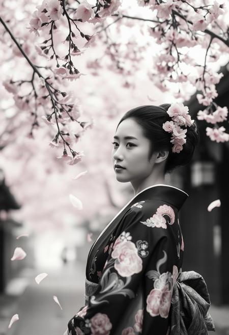 woman in kimono, cherry blossoms, traditional Japanese clothing, pink and rose hues, floral hair ornaments, elegant updo, sakura petals falling, serene expression, soft lighting, spring atmosphere, traditional street, romantic scene, cultural beauty, feminine grace, minimalist black-and-white photography, ethereal misty landscapes, long exposure water effects, high-contrast monochrome tones, poetic and introspective atmosphere, vast negative space, solitary figures or objects, surreal dreamlike minimalism, soft blurred horizons, cinematic and moody fine art aesthetic