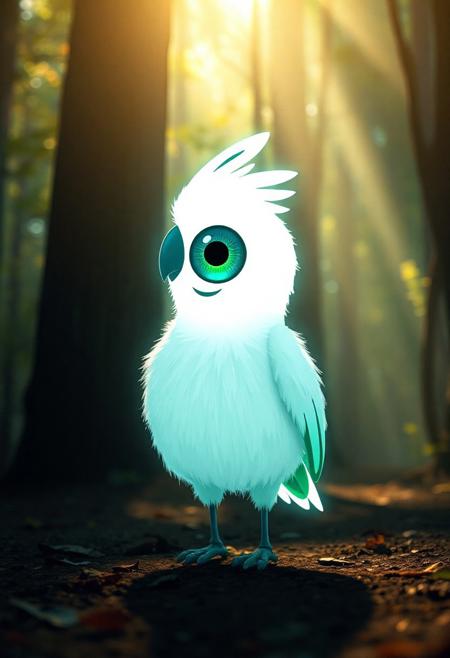 JNANX,luminous white silhouette,cyan glow,emerald highlights,flickering outline,dreamlike movement,
A Banksy-style. a cute adorable anthropomorphic eyeball monster dress like a parrot, round body, plump kiwi shape, fluffy fur, forest, sunlight, soft natural light. 
cute, big-eye, adorable, brightly colored, cheerful, anime influence, naughty face, laughing, happy, playful, cheerful, bright, vibrant, light-hearted,  
characters, digital, fantasy, illustration, manga-anime, portraits, whimsy, 
3d-rendering, concept-art, digital, dreaminess, 
eeriness, photorealism, other-worldliness, realism, science-fiction, surreal, colorful, 
aidmafluxpro1.1