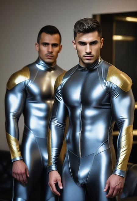 two strong 24-year-old spanish bodybuilder  males, with a side fringe curtains hairstyle, detailed face, confused expressions, wearing a skin tight gray latex futuristic suits with silver and gold latex details, wearing skin tight dark-gray latex jockstraps, standing at attention posture,  on a modern living room, looking to the camera, detailed face, professional photography, shot on sony a 7RIII , looking to the camera,  detailed skin face and eyes, natural lighting ,  film grain, low contrast, natural face,  dark circles under eyes