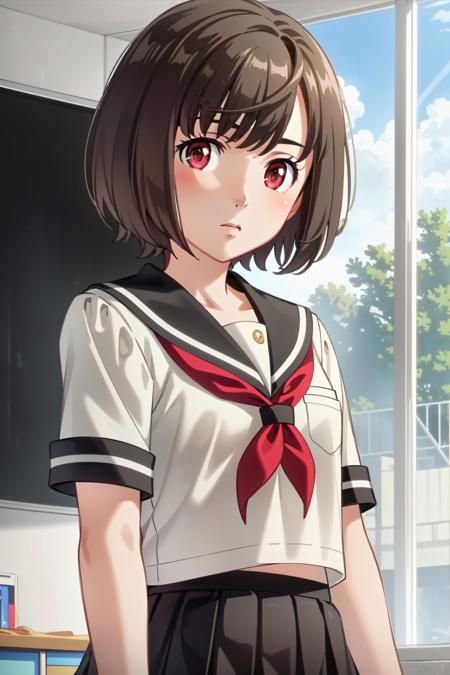 1girl, (masterpiece:1.3), (high resolution), (8K), (extremely detailed), (4k), (pixiv), perfect face,  (best quality), (super detailed), (solo), (textured skin:1.3), aico tachibana, black hair, short hair,red eyes, school uniform, serafuku, black skirt, pleated skirt, short sleeves, <lora:aico_tachibana-09:0.8>, classroom, looking at viewer,