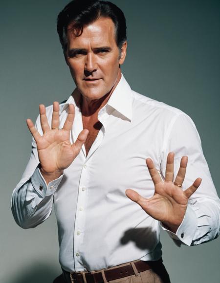 centered, half body photo of 30 y.o Bruce Campbell shows hands with five fingers, business shirt, natural skin, lit from side