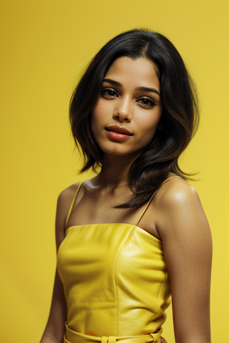 FreidaPinto, razored combover bob haircut, young woman, ((slim, fit, lanky, coltish:1.3)), yellow paisley dress, looking at viewer, taken with Leica M, 35mm f1.2, Kodachrome film, natural lighting, oiled skin, perfect eye blush, slightly open mouth, long eyelashes, <lora:epiCRealismHelper:0.2>, <lora:hairdetailer:0.3>, ((basic yellow backdrop:1.3)), detailed skin texture, (blush:0.5), (goosebumps:0.5), subsurface scattering, RAW candid cinema, remarkable color, ultra realistic, textured skin, remarkable detailed pupils, realistic dull skin noise, visible skin detail, skin fuzz, dry skin, shot with cinematic camera