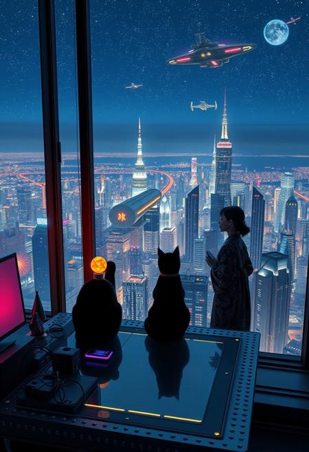 Jiji, the cat from Kiki's Delivery Service sits on a cluttered metal riveted desk with transparent top and rgb led computer components visible inside, On the desk are a maneki neko statue and a lava lamp, Jiji the Black Cat is looking out of a seamless and futuristic floor to ceiling window that looks out at a very high view from an apartment on the 400th floor of a futuristic Tokyo skyscraper, the year is 2250, The city has thousands of enormous wide and tall futuristic skyscrapers and space ships covered with lights in the sky, (((Kiki from Kiki's Delivery Service, 24 years old, is standing next to the cat looking out at the enormous city at night, filled with buildings of many shapes and sizes, some over a mile tall))), Kiki is dressed in an ornate Japanese style bath robe. An enormous deco starship with futuristic lighting and design is visible high above the city, and a space station is visible in the background among the stars, many many small flying personal transports are flying around the city, multiple elevated train tubes are visible moving between large buildings, The woman's hair is messy from just waking up and tied up with a ribbon. Artistic cyberpunk, dynamic perspective, The focus is on Jiji and Kiki standing together looking out the window at the view together, (((overall architectural aesthetic is Art Deco Cyberpunk))).  Mt Fuji can be seen in the far distance,